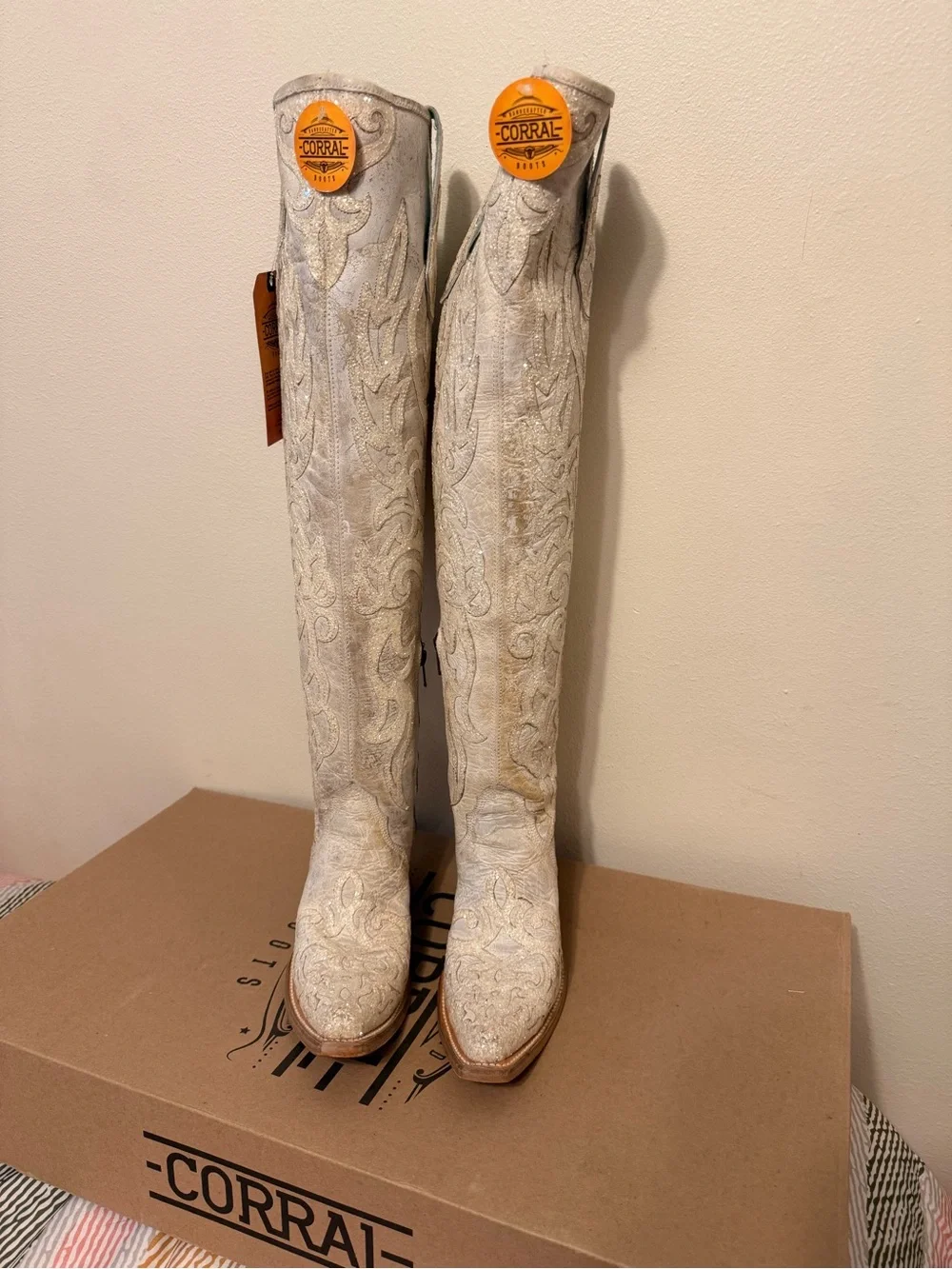 Women’s Beige Glitter Overlay and Embroidery Tall top Snip Toe Cowboy Boots